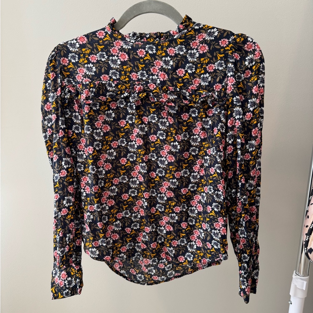 LOFT Black Floral Blouse with Pink and Yellow Accents